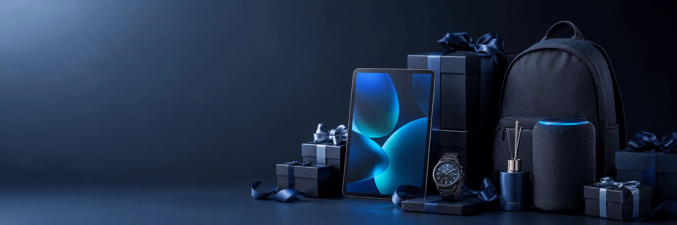 Free Holiday Dark Blue Tech Gifts Banner for eCommerce storefronts