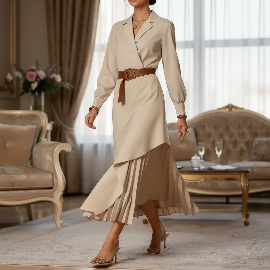 Western Style Irregular Pleated Long Sleeve Dress 2