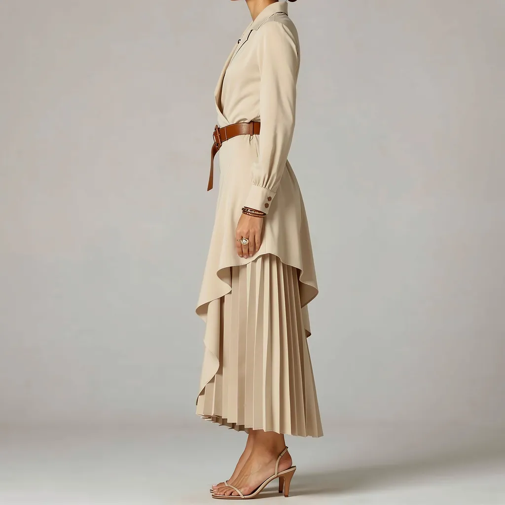 Vestido de mangas longas com plissado irregular em estilo ocidental, vista 5