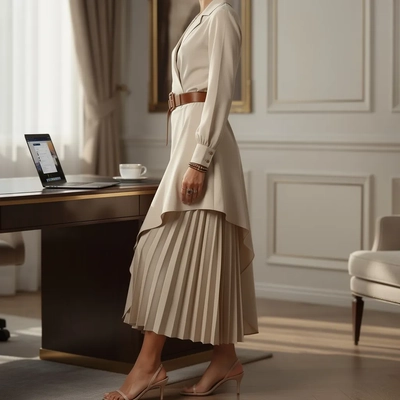 Western Style Irregular Pleated Long Sleeve Dress — Daily Use Context Scene, Luxury Editorial style product photography