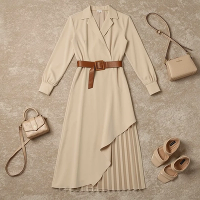 Western Style Irregular Pleated Long Sleeve Dress — Flat Lay Overhead Shot of Dress, Luxury Editorial style product photography