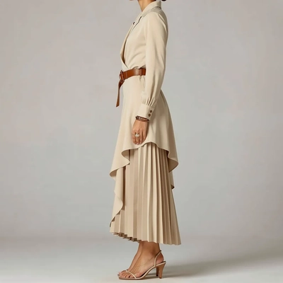 Western Style Irregular Pleated Long Sleeve Dress — Side Profile View of Dress, Luxury Editorial style product photography