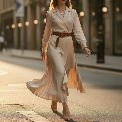 Western Style Irregular Pleated Long Sleeve Dress — In-Use Action Shot of Dress, Luxury Editorial style product photography