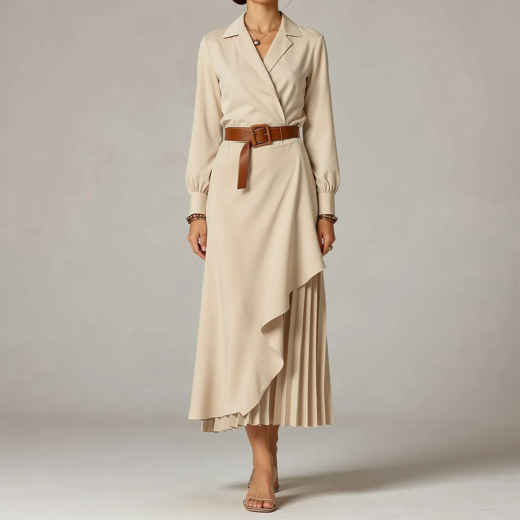 Western Style Irregular Pleated Long Sleeve Dress