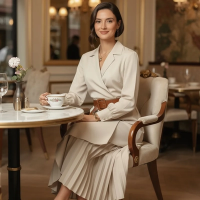 Western Style Irregular Pleated Long Sleeve Dress — Aspirational Environmental Scene, Luxury Editorial style product photography