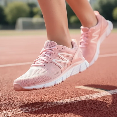 Women's Pink Training Shoes — In-Use Action Shot, Premium Lifestyle style product photography