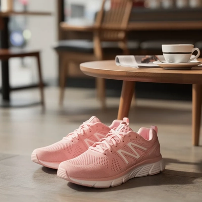 Women's Pink Training Shoes — Lifestyle Scene in a Cafe, Premium Lifestyle style product photography