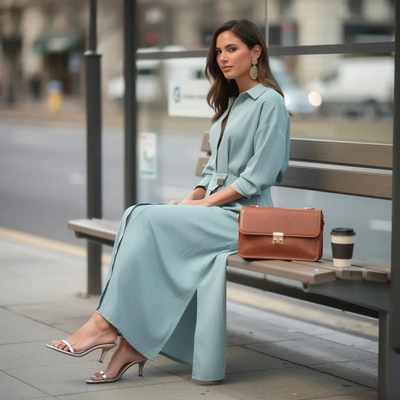 Elegant Commuter Solid Color Waist-Tie Maxi Dress — Daily Use Context Scene, Marketplace Clean style product photography
