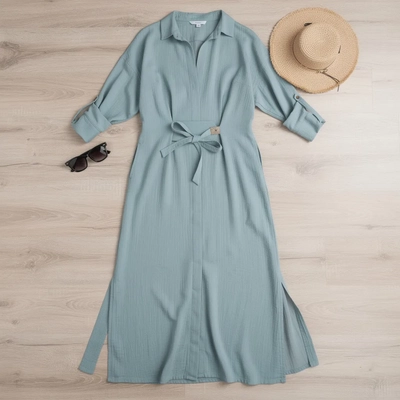 Elegant Commuter Solid Color Waist-Tie Maxi Dress — Flat Lay with Complementary Props, Marketplace Clean style product photography
