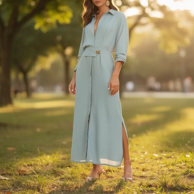 Elegant Commuter Solid Color Waist-Tie Maxi Dress — Aspirational Lifestyle Setting, Marketplace Clean style product photography