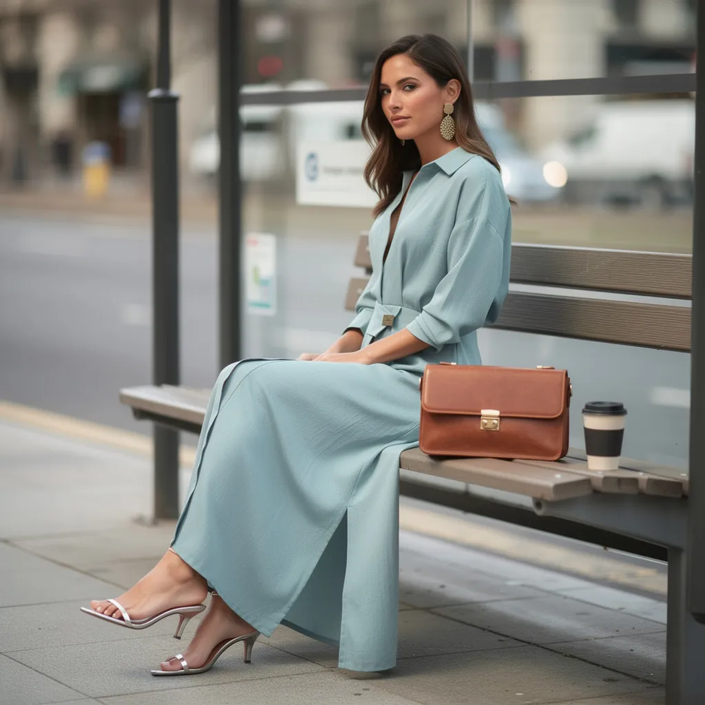 Vestido longo elegante de cor lisa com amarração na cintura, vista 7